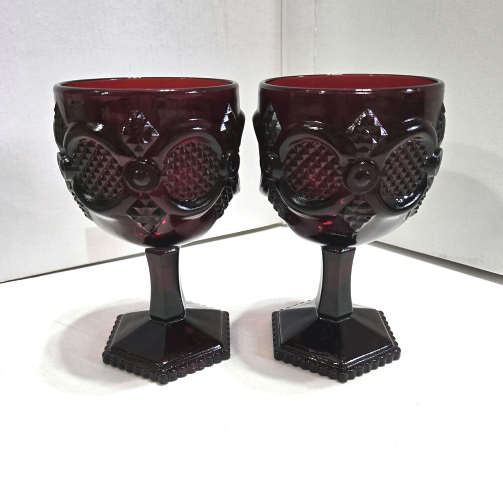 Pair Vintage Avon 1876 Cape Cod Ruby Red Glass Water Goblets Wine Set of 2